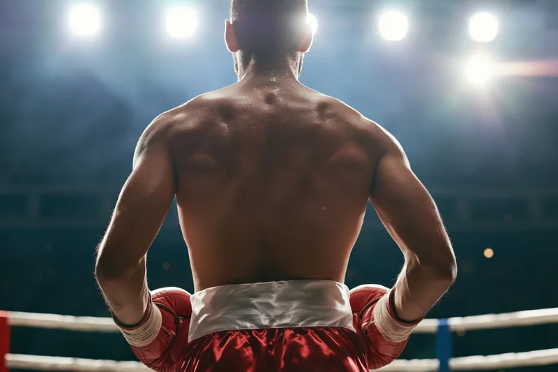 Male boxer standing with hands on hips in boxing ring under spotlights