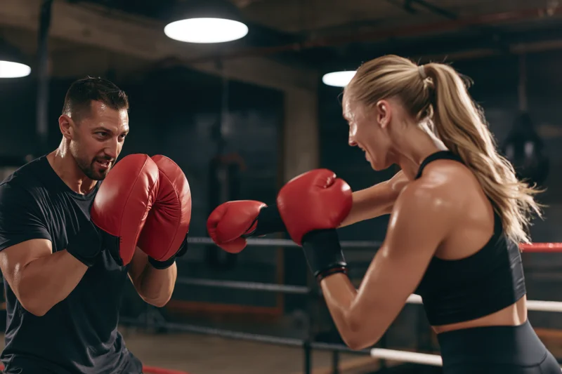 Male trainer holding red focus mitts while woman athlete spars in boxing ring