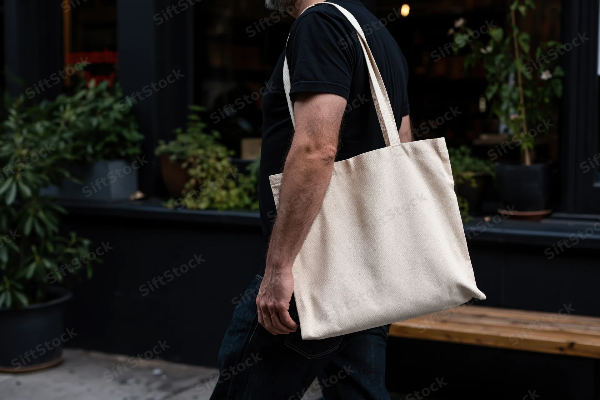Man carrying a plain cream canvas tote bag over his shoulder while walking on a city sidewalk