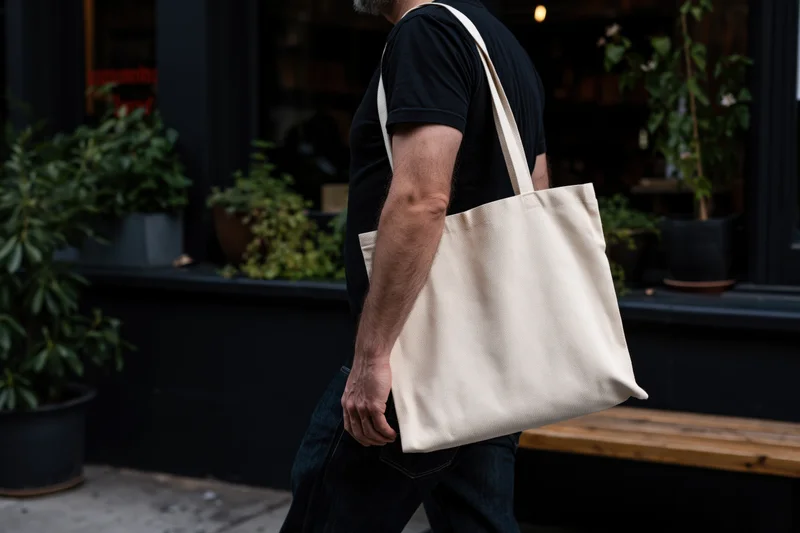Man carrying a plain cream canvas tote bag over his shoulder while walking on a city sidewalk