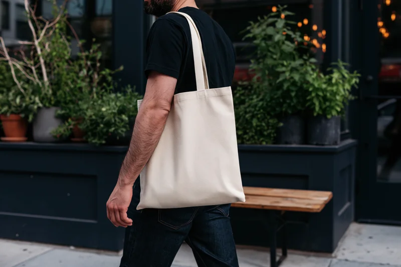 Man carrying a plain cream canvas tote bag over his shoulder while walking on a city sidewalk