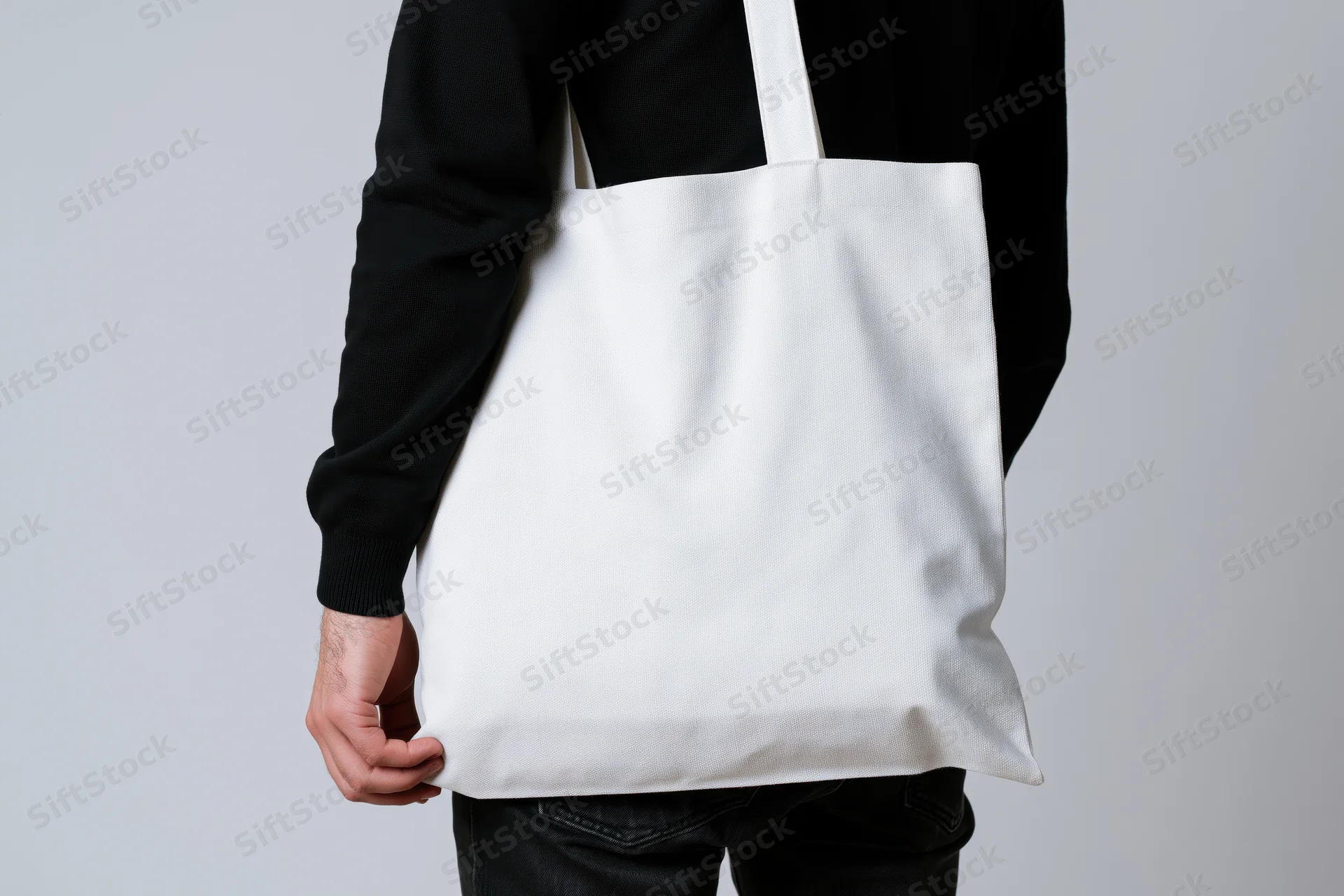 Man carrying a plain white canvas tote bag over his shoulder in a studio setting