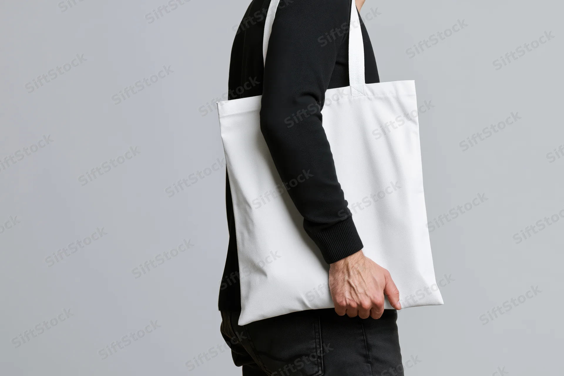 Man carrying a plain white canvas tote bag over his shoulder in a studio setting