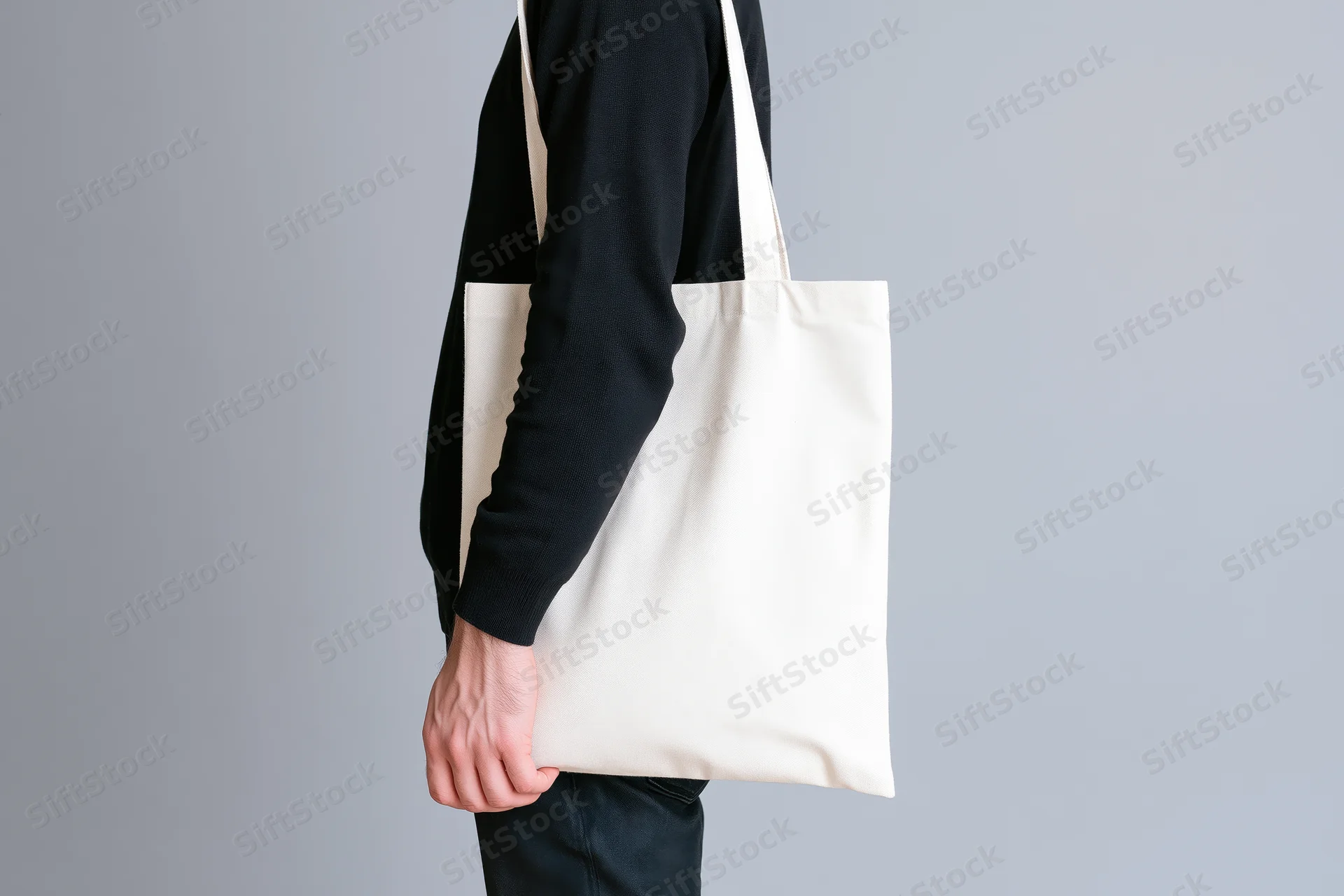 Man carrying blank white canvas tote bag over shoulder against gray background