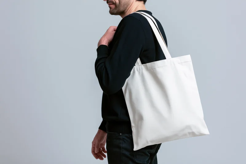 Man carrying white canvas tote bag over shoulder in studio setting