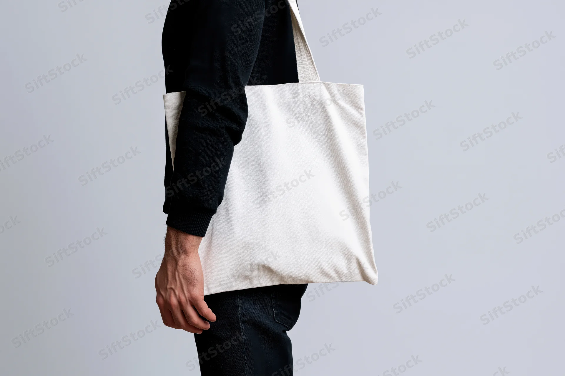 Man carrying blank white canvas tote bag over shoulder in studio setting