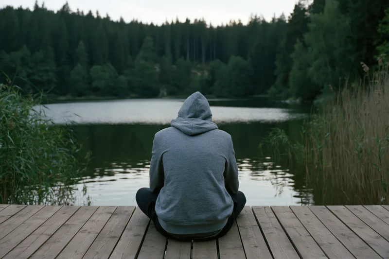 Man sitting alone on wooden dock facing calm lake surrounded by forest