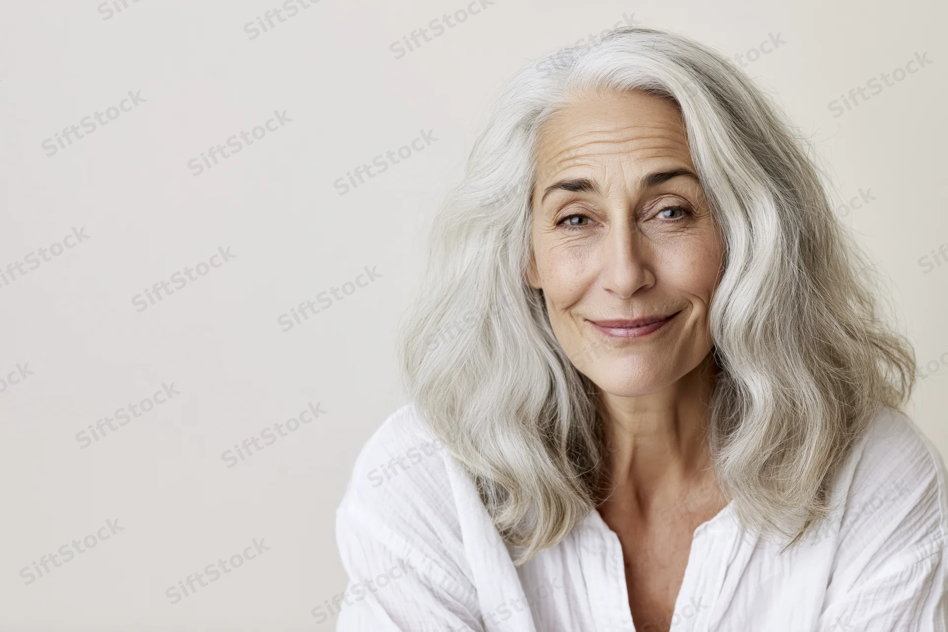 Mature woman with gray wavy hair smiling softly in studio portrait