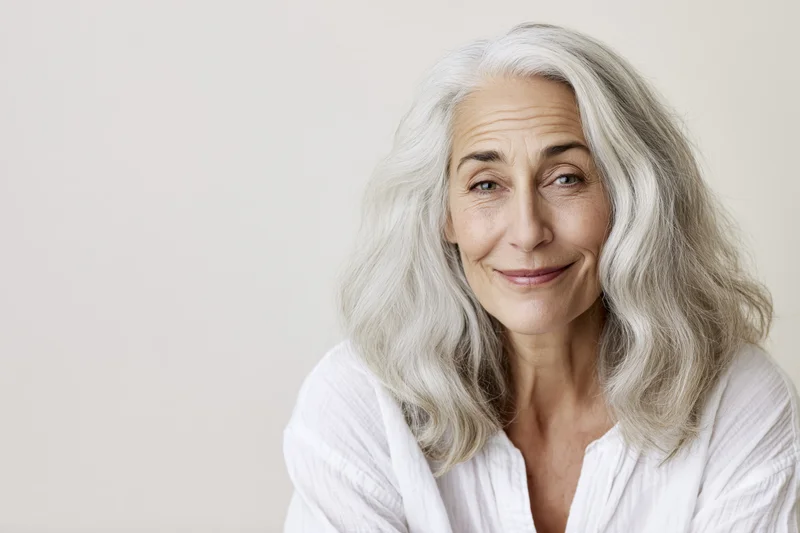 Mature woman with gray wavy hair smiling softly in studio portrait