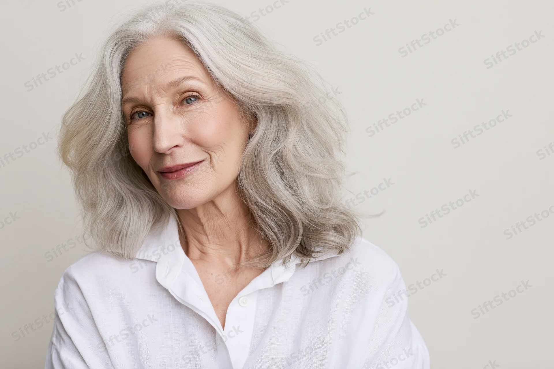 Senior woman with gray hair smiling softly in a white blouse against a plain background