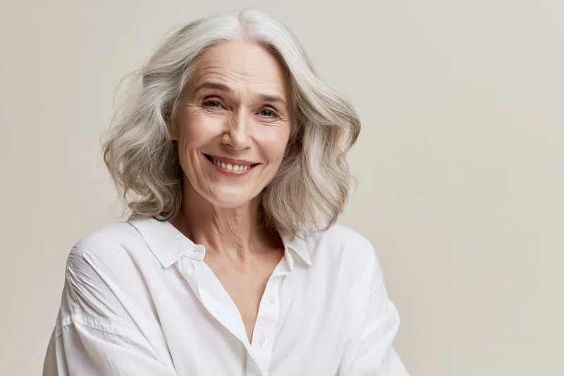Mature woman smiling warmly at camera in white blouse against neutral background