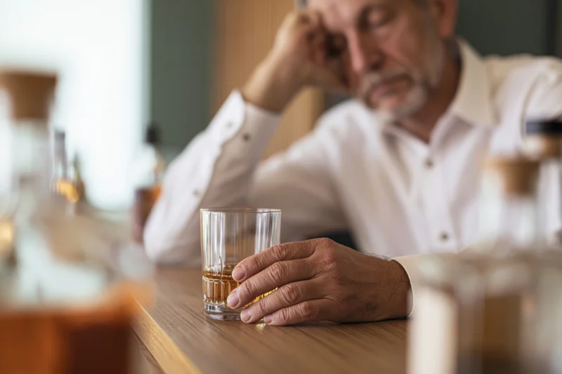 Middle-aged man holding whiskey glass at bar, head in hand, showing distress