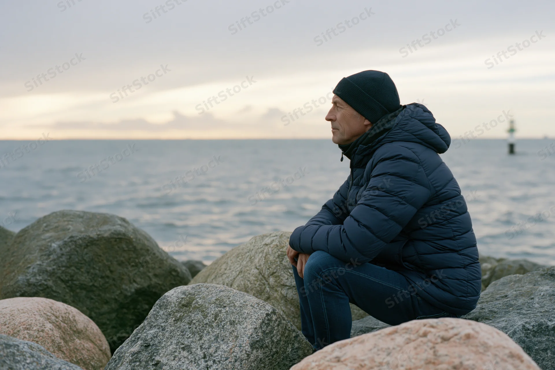 Middle-aged man sitting on coastal boulders gazing out at the ocean