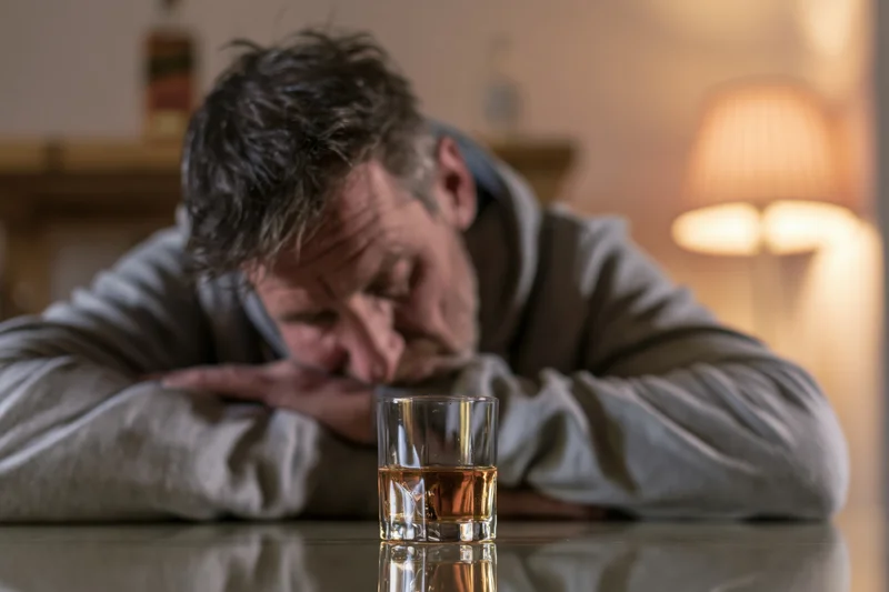 Middle-aged man slumped forward at table with head down, resting arms, glass of whiskey in front, warm lamp light in background