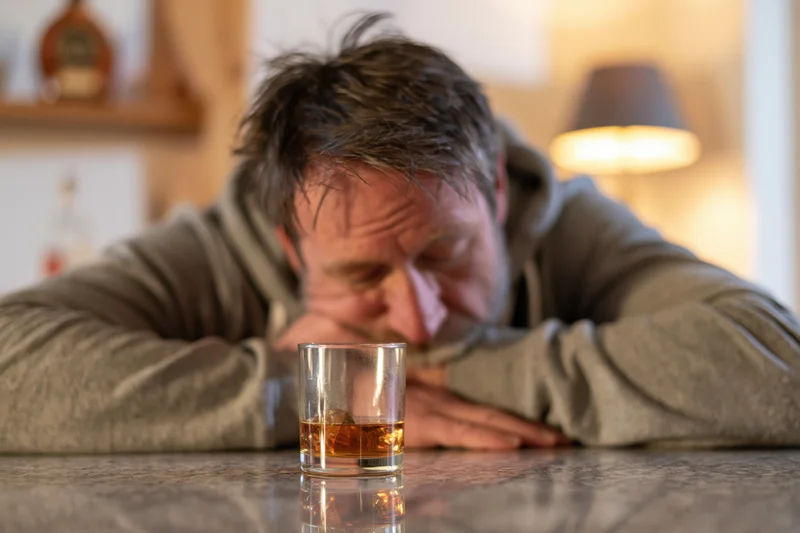 Middle-aged man slumped forward at table with head down, resting on arms beside a glass of whiskey