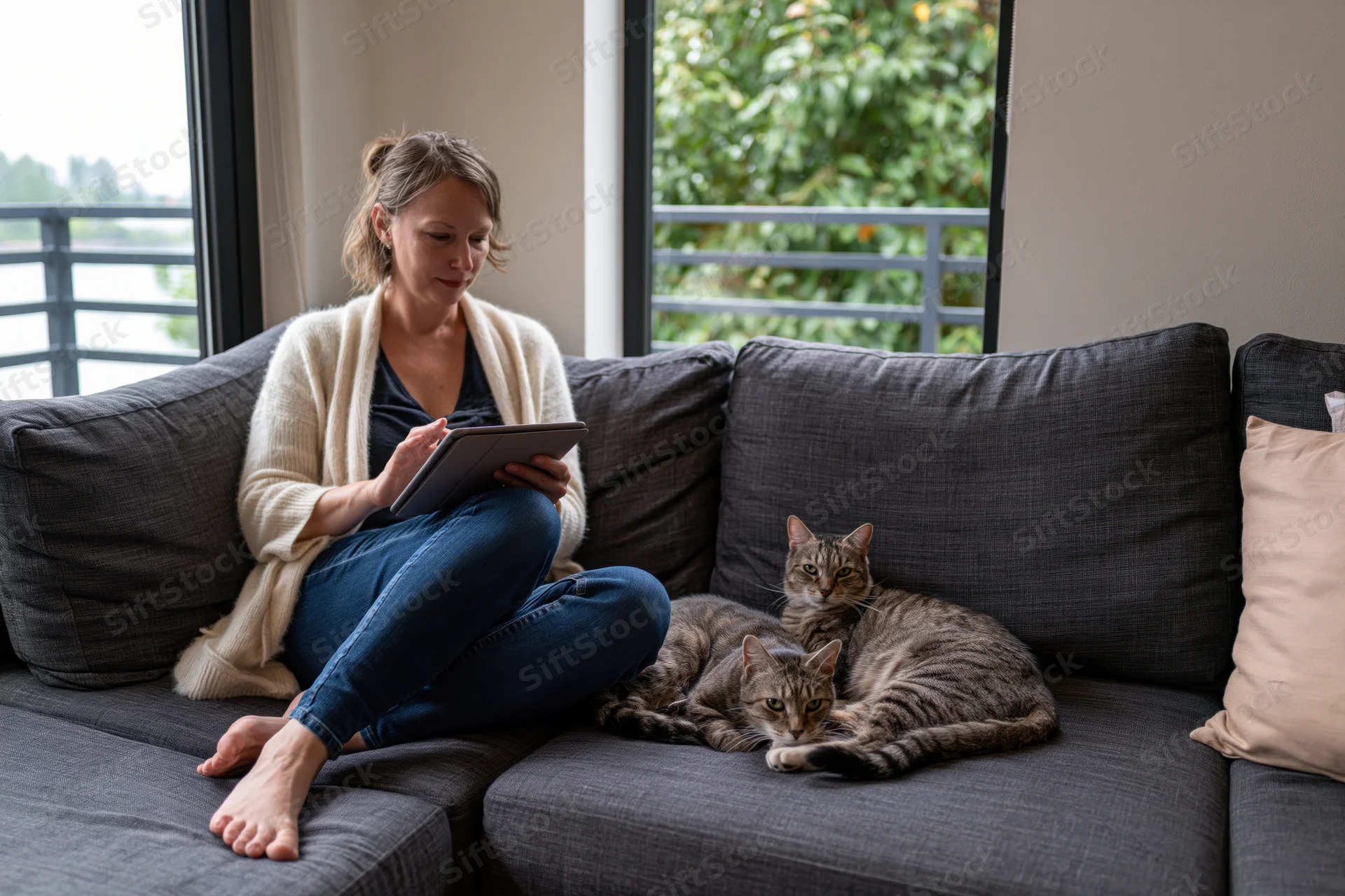 Woman sitting barefoot on gray sectional sofa using tablet with two tabby cats nearby in living room