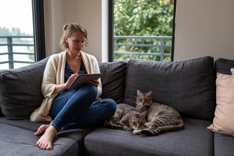 Woman sitting barefoot on gray sectional sofa using tablet with two tabby cats nearby in living room