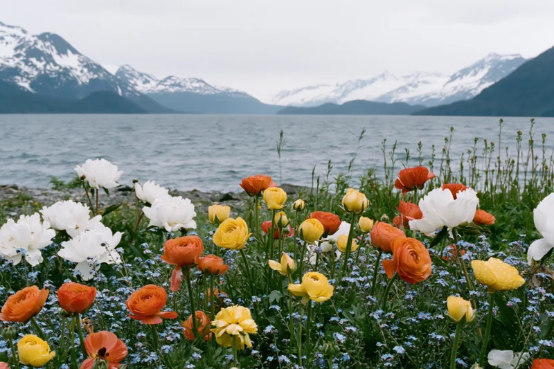 Colorful wildflowers blooming in a meadow by a lake with snow-capped mountains in the background