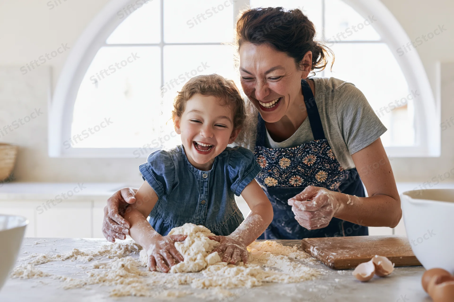 Mother and daughter laughing while kneading dough together in a bright kitchen