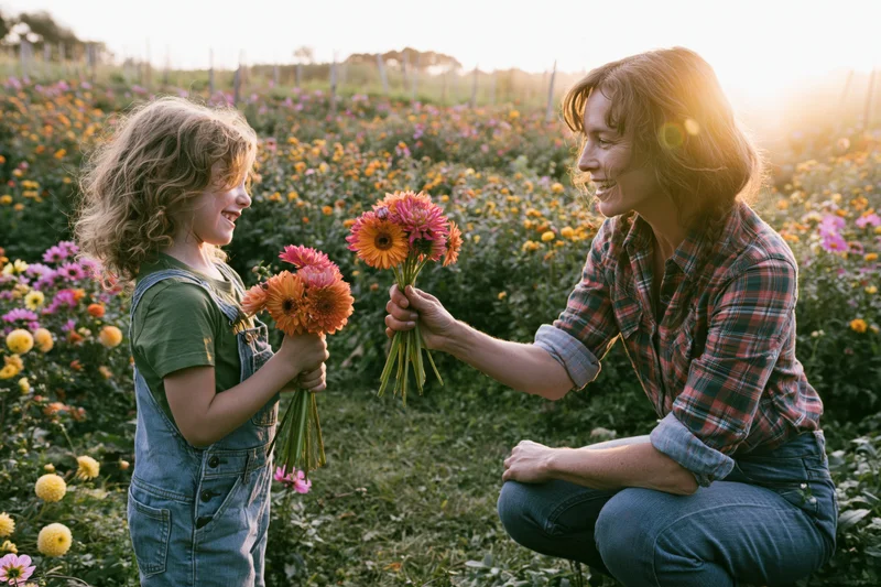 Mother crouching in a flower garden handing a small bouquet to a smiling child