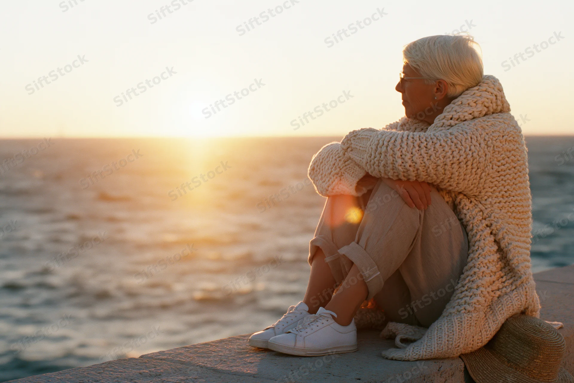 Senior woman sitting on stone wall by ocean at sunset, wearing chunky knit sweater and white sneakers, profile view