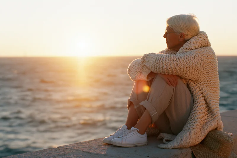 Senior woman sitting on stone wall by ocean at sunset, wearing chunky knit sweater and white sneakers, profile view