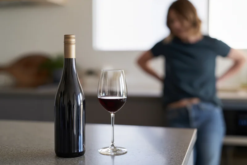 Bottle of red wine and a half-full glass on a kitchen countertop with a woman standing blurred in the background