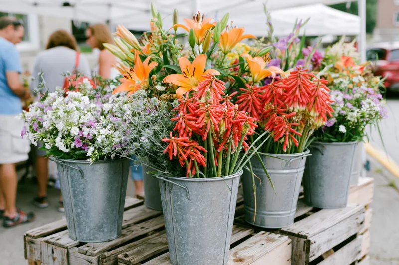 Colorful flowers in galvanized metal buckets arranged on wooden pallets at outdoor market