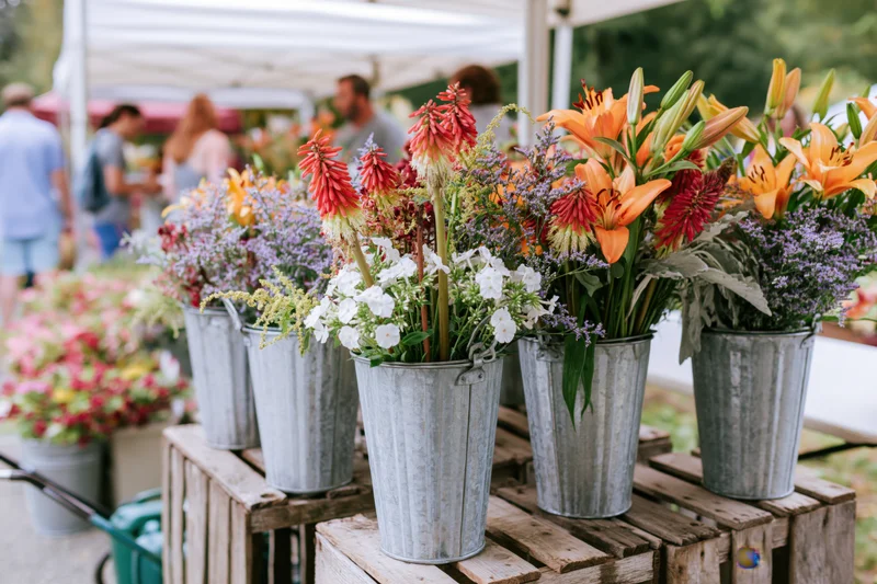 Colorful flower arrangements in galvanized metal buckets on wooden crates at outdoor market