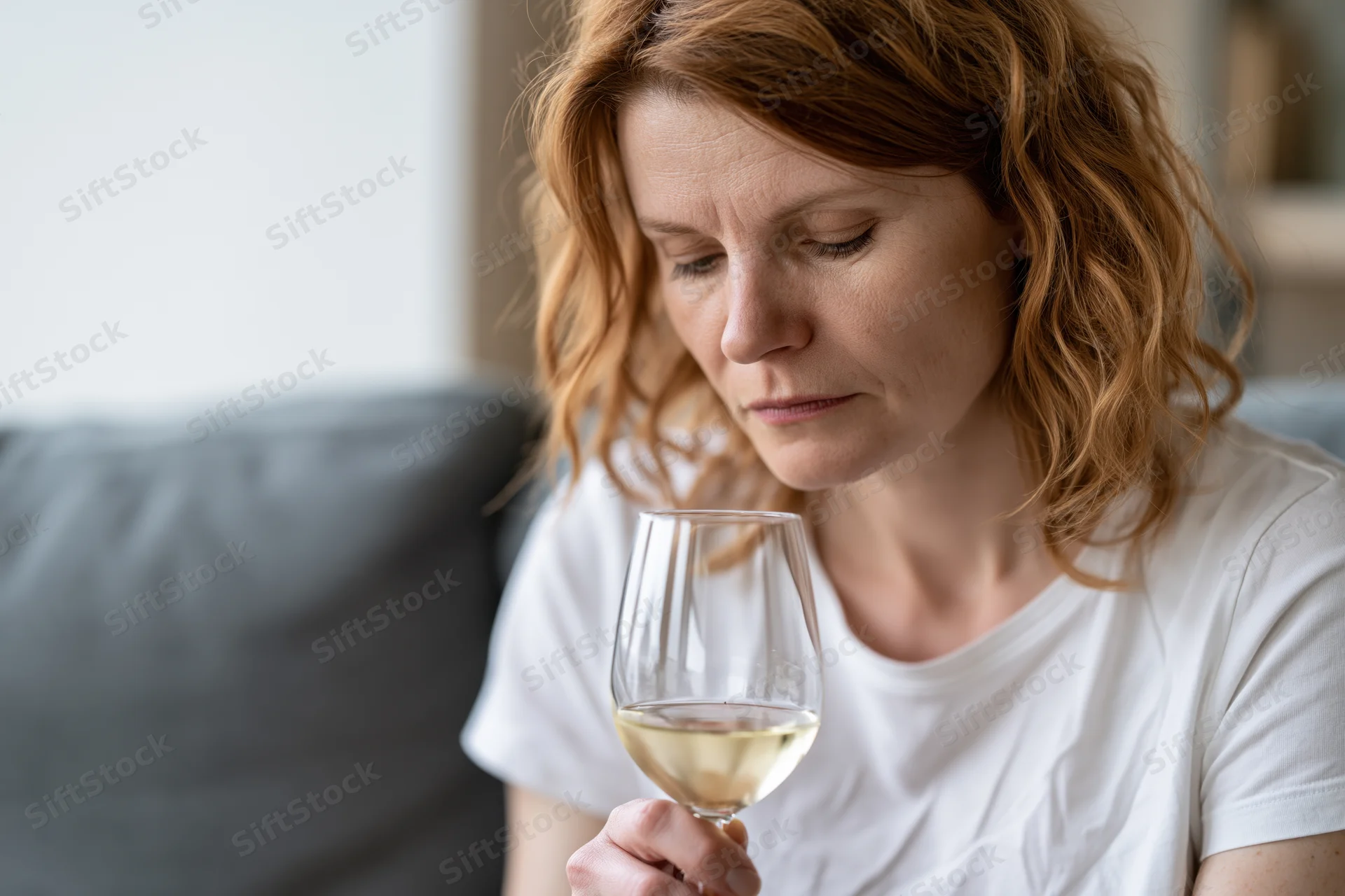 Pensive woman holding a glass of white wine while sitting on a couch indoors