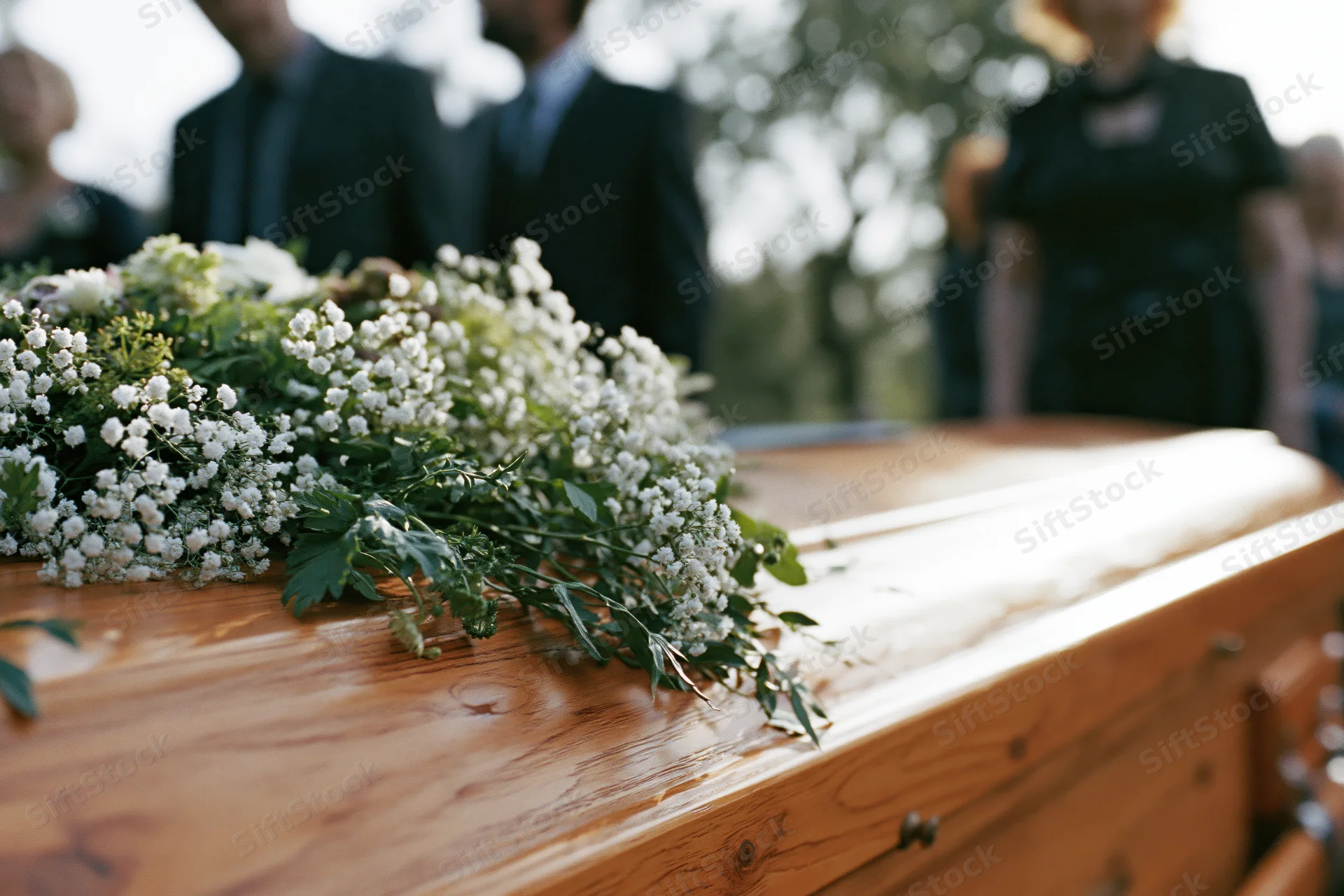 Wooden coffin adorned with white floral arrangement at outdoor funeral service with mourners in formal attire standing behind