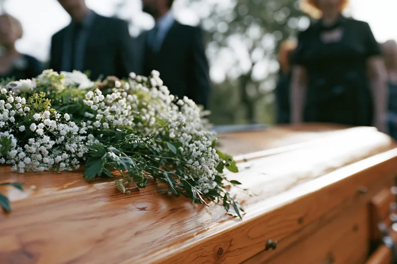 Wooden coffin adorned with white floral arrangement at outdoor funeral service with mourners in formal attire standing behind