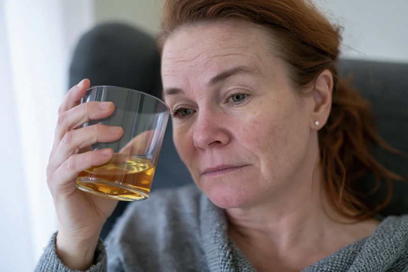 Red-haired woman holding a glass of whiskey while sitting in a dark grey armchair, looking pensive and tired