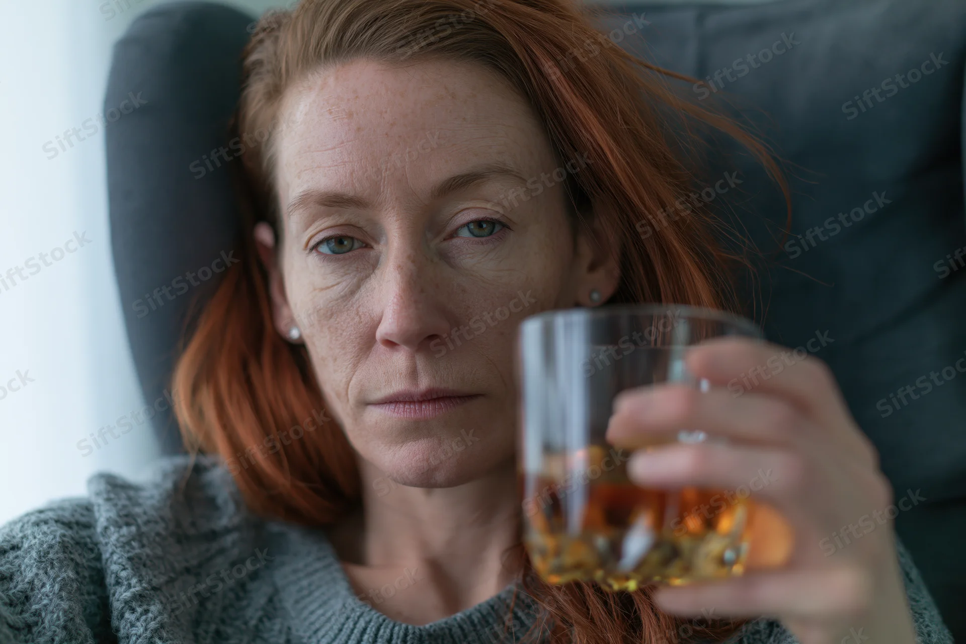 Woman holding a glass of whiskey while slumped in a dark grey armchair