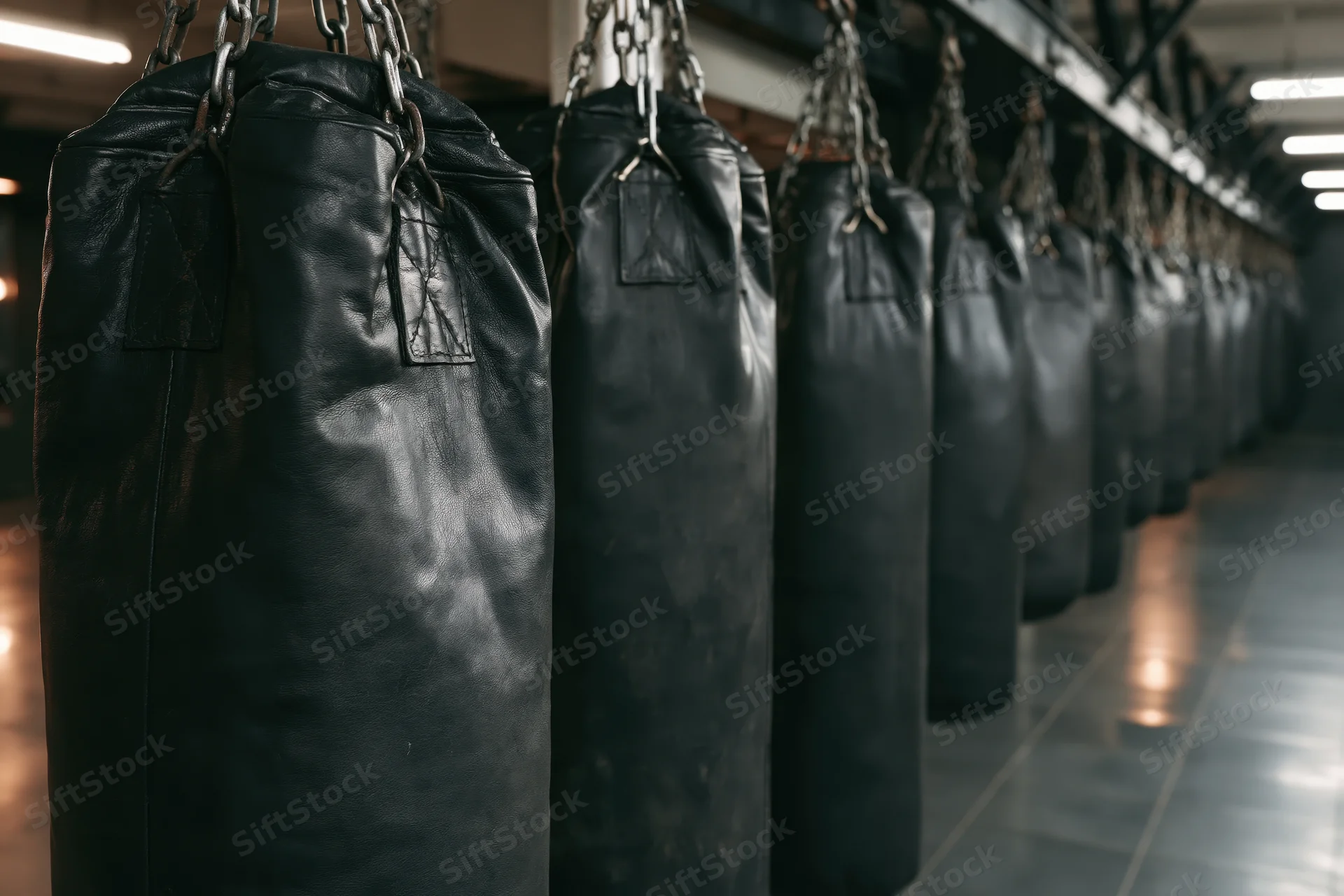Row of heavy black leather punching bags hanging from steel chains in a gym