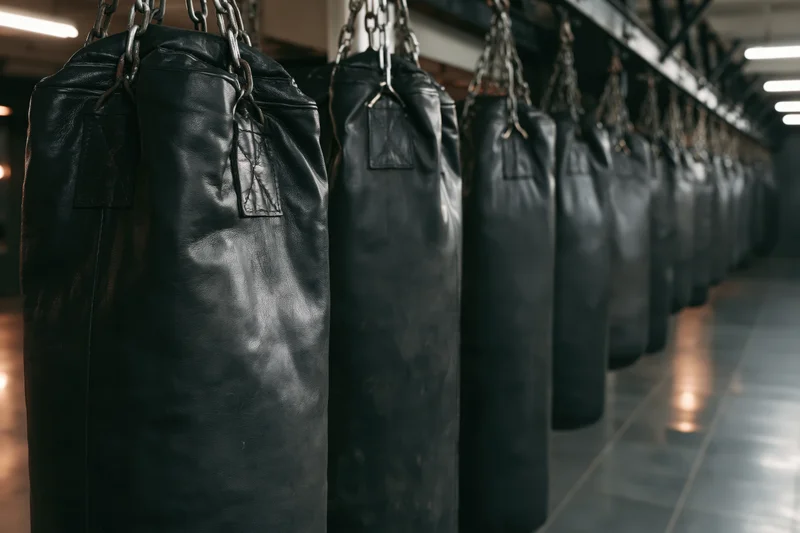 Row of heavy black leather punching bags hanging from steel chains in a gym