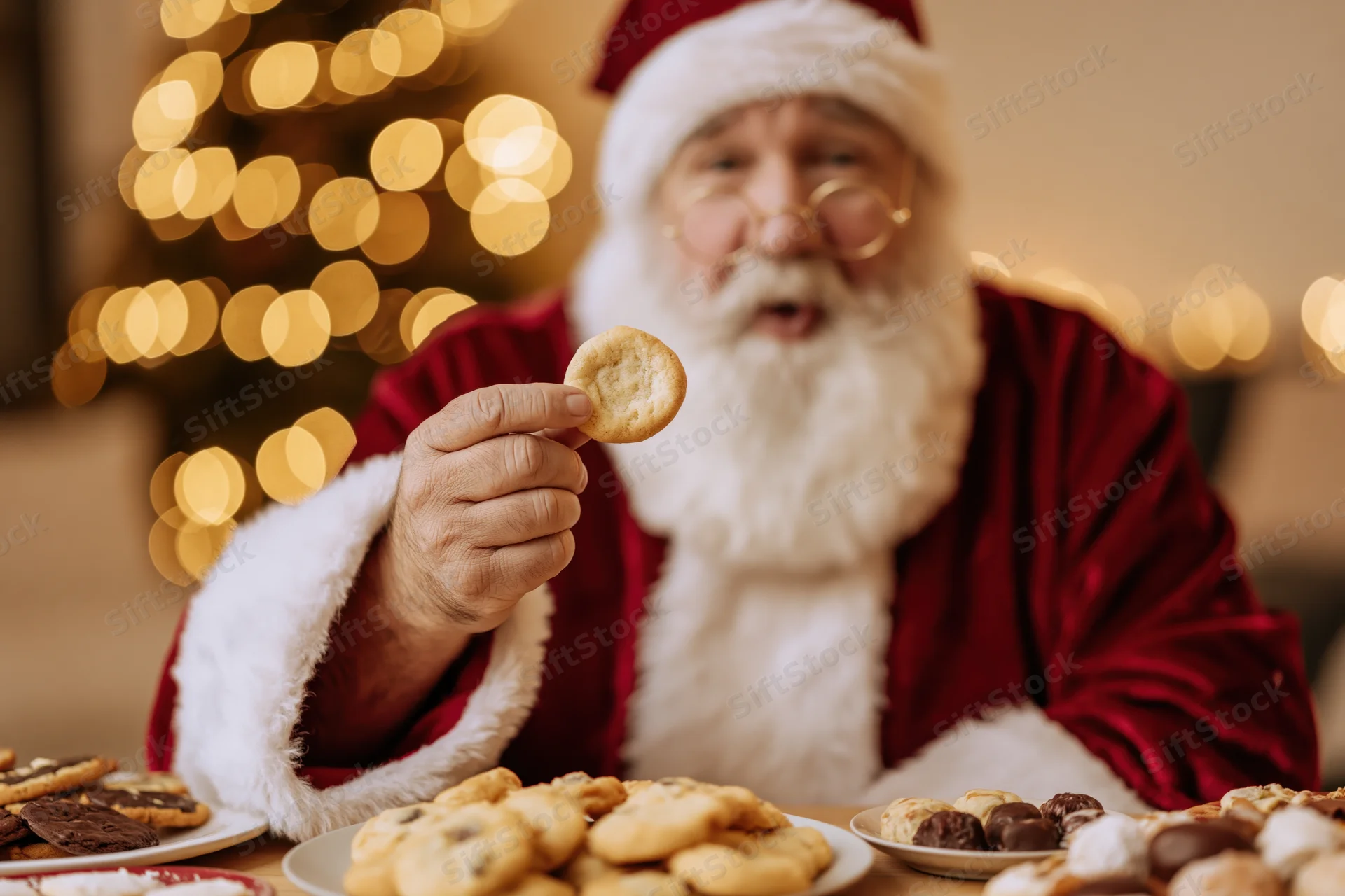 Santa holding a cookie in front of a plate of desserts with blurred holiday lights behind him