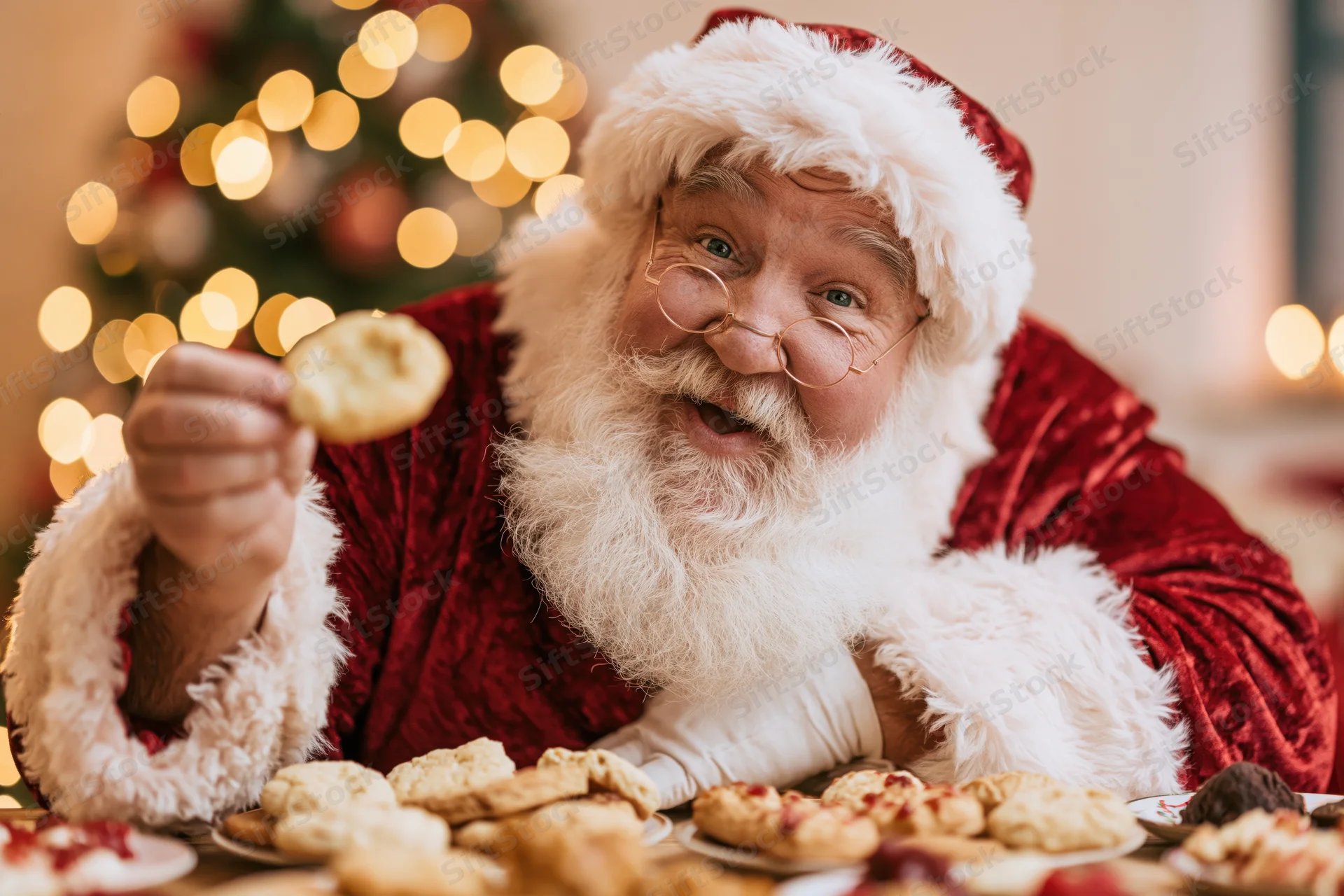 Santa holding a cookie in front of a decorated christmas tree at a festive table