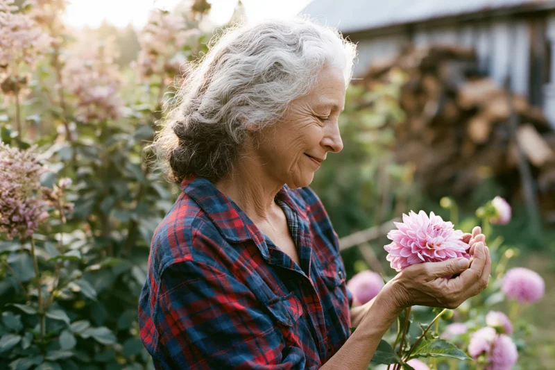 Senior woman holding a pink dahlia in a garden, smiling in profile, surrounded by green foliage and sunlight
