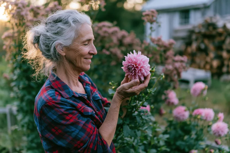 Senior woman smiling while holding a pink dahlia in a garden at golden hour