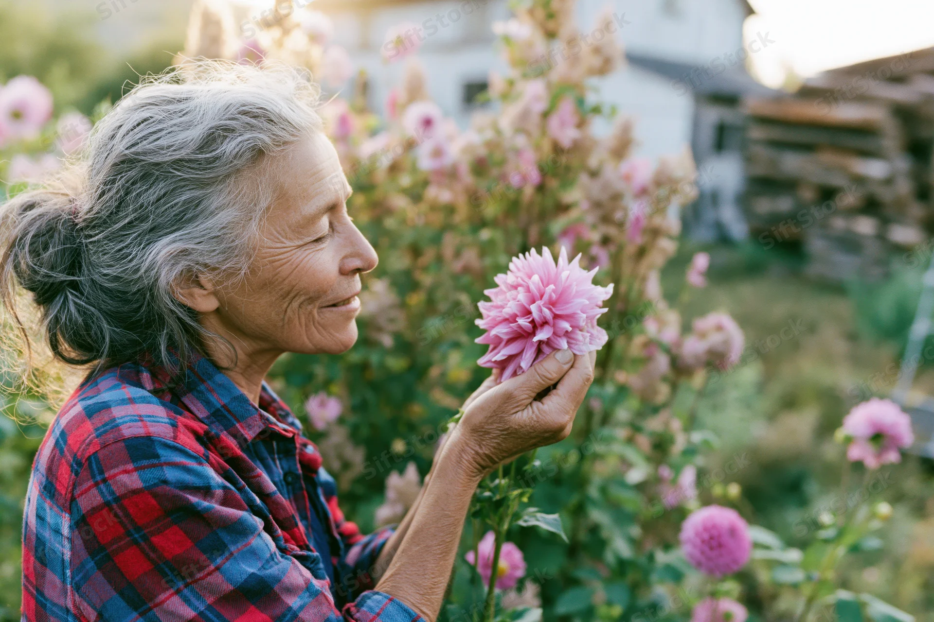 Senior woman smiling while holding a pink dahlia flower in a garden