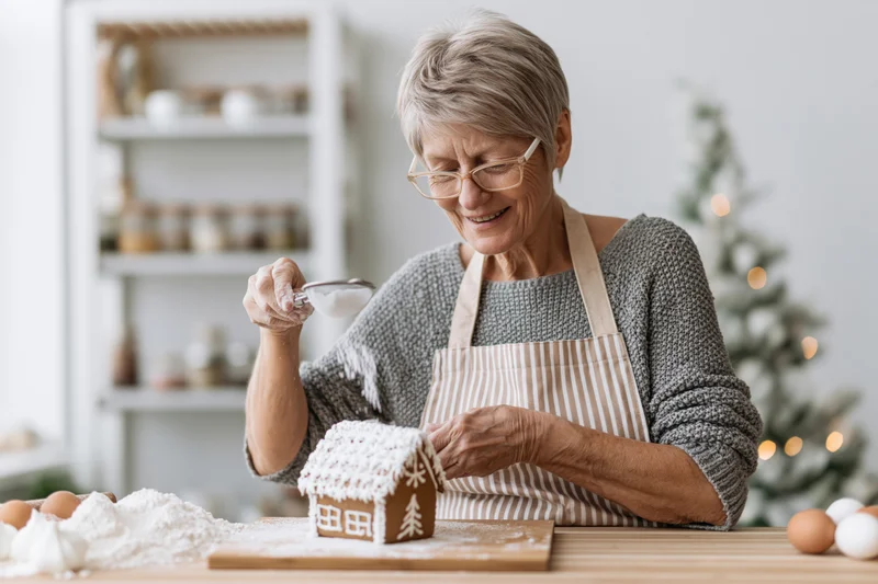 Senior woman smiling as she decorates a gingerbread house with powdered sugar in a kitchen