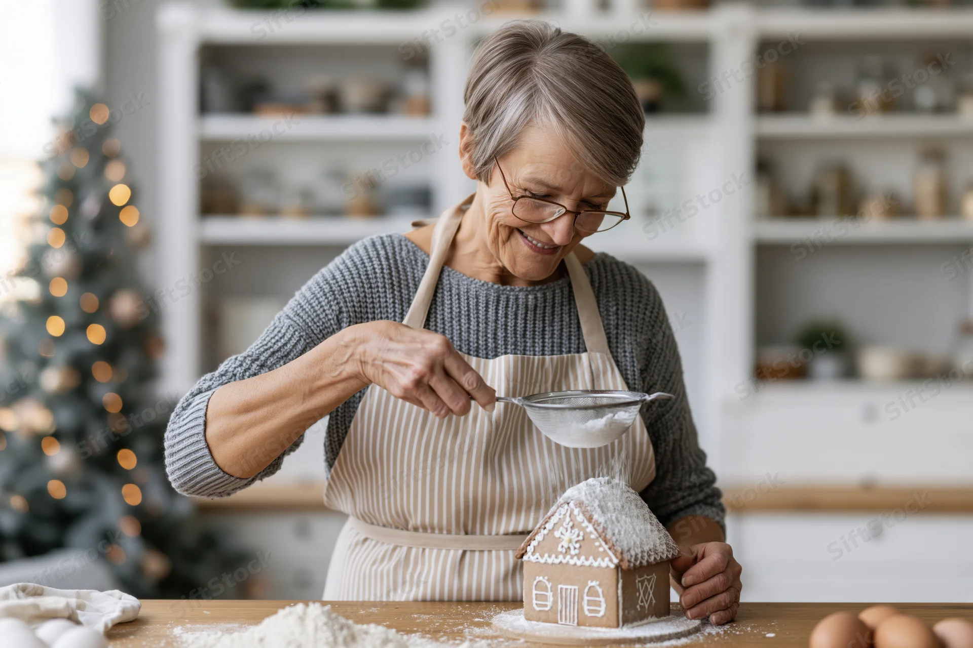 Senior woman sifting sugar over gingerbread house in kitchen with christmas tree in background