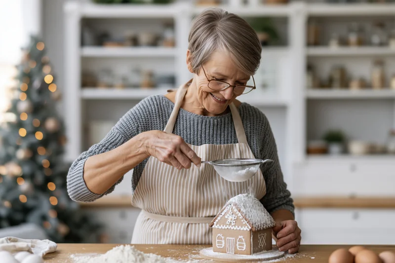 Senior woman sifting sugar over gingerbread house in kitchen with christmas tree in background