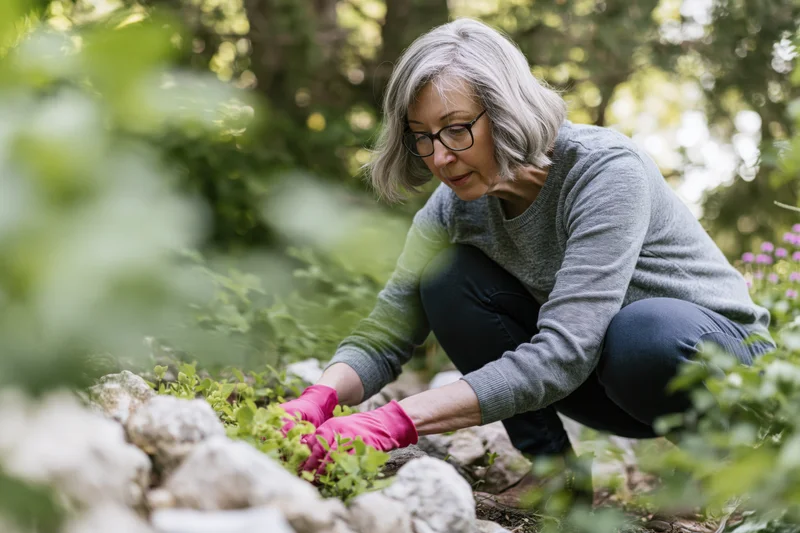 Senior woman crouching to tend plants in a garden surrounded by rocks and greenery