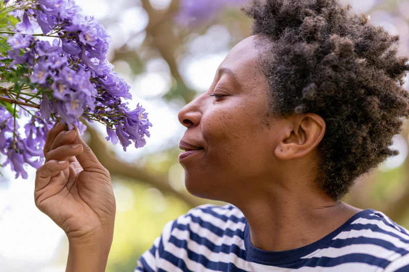 Young black woman smelling purple jacaranda flowers in a garden