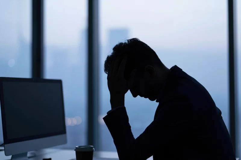 Businessman in silhouette holding head at desk in office with city view behind