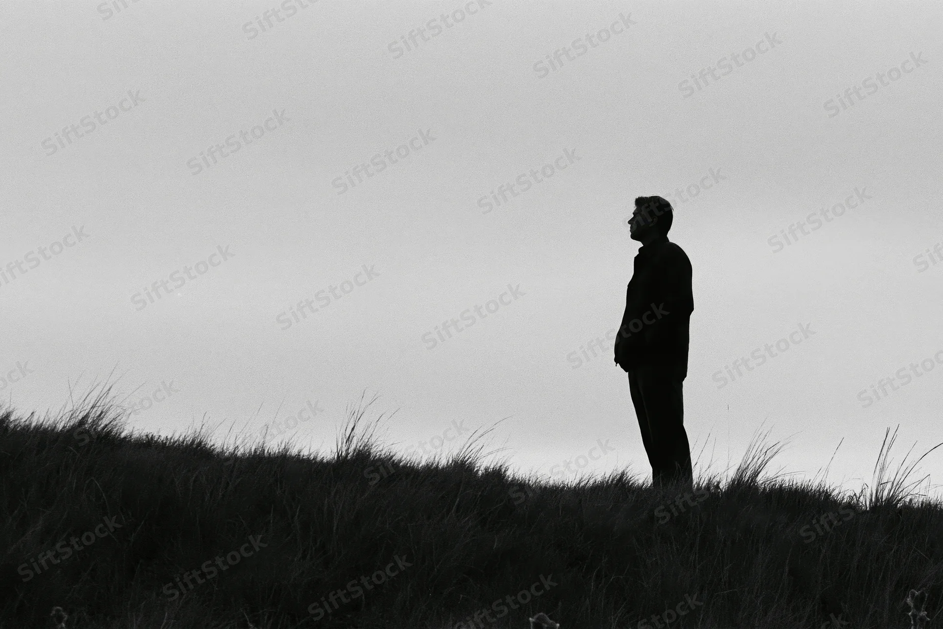 Silhouette of a man standing alone on a grassy hill facing the sky