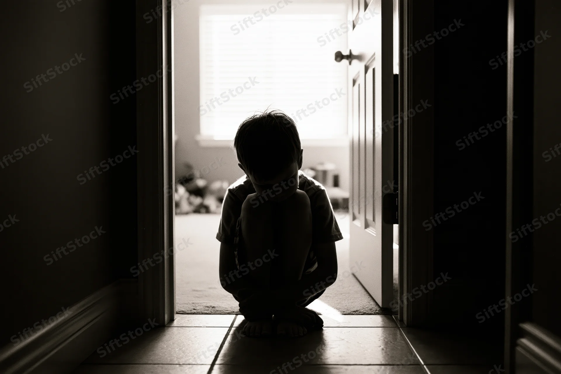 Child sitting alone in silhouette at doorway in dim hallway