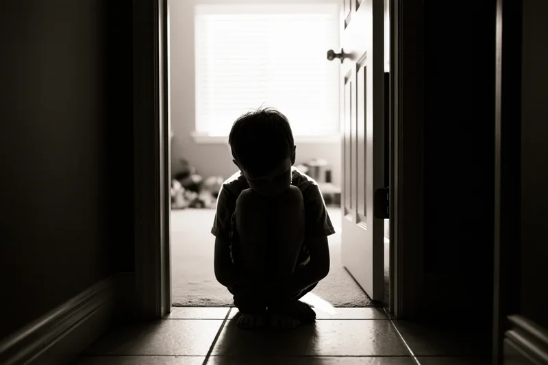Child sitting alone in silhouette at doorway in dim hallway